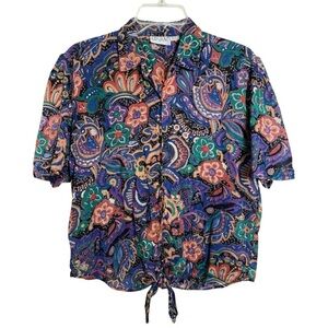 Vintage Paisley Tie Front Shirt Size Medium Cotton Boho Short Sleeve Top